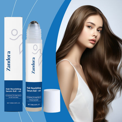 Zandora hair nourishing serum roll-on with a model displaying long hair on a blue background